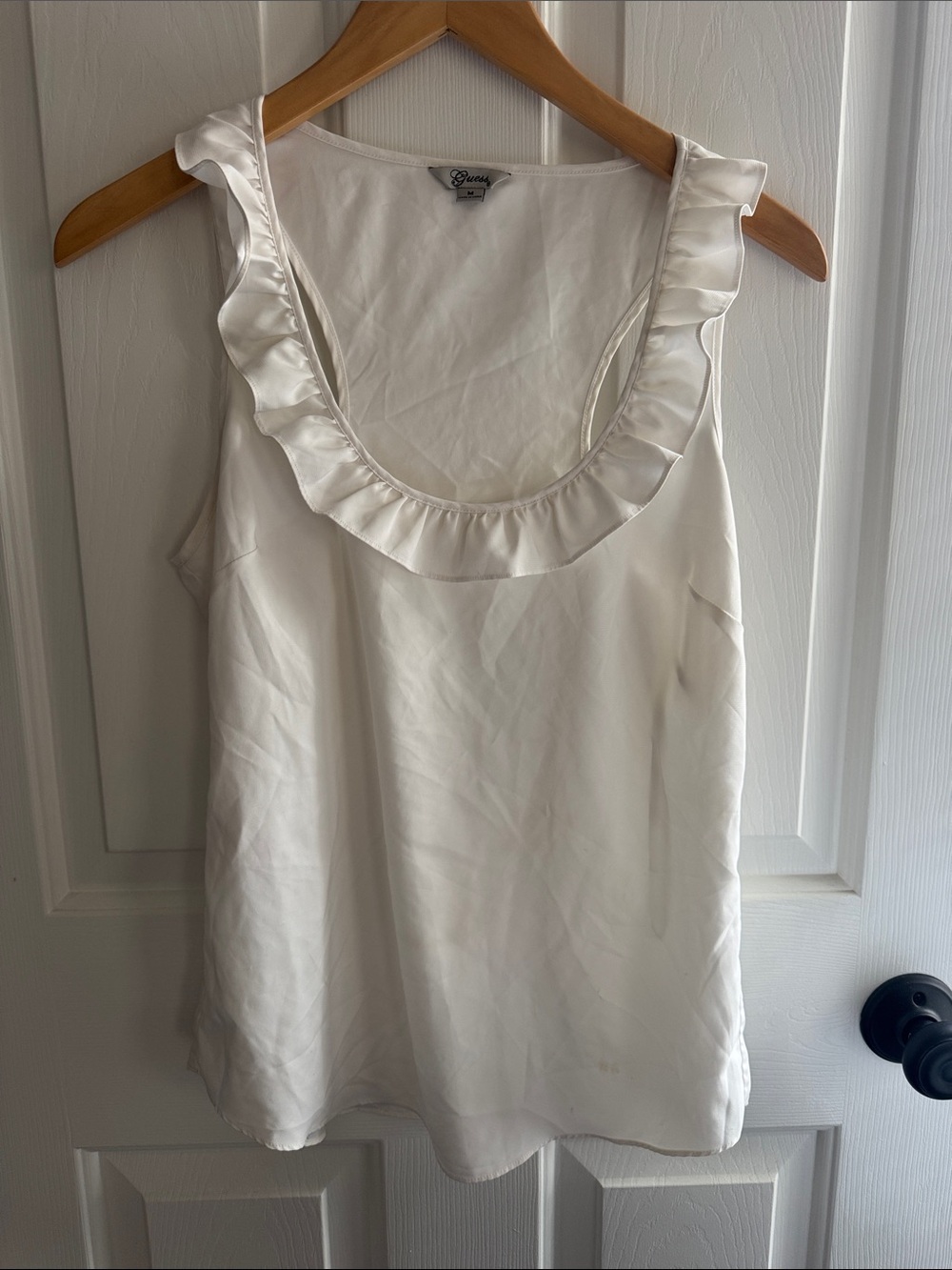 Guess White Ruffle Scoop Neck Sleeveless Top
